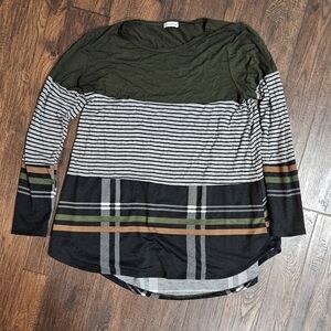 Tunic-Length Long Sleeve Striped and Plaid Top - Black, Green, Brown